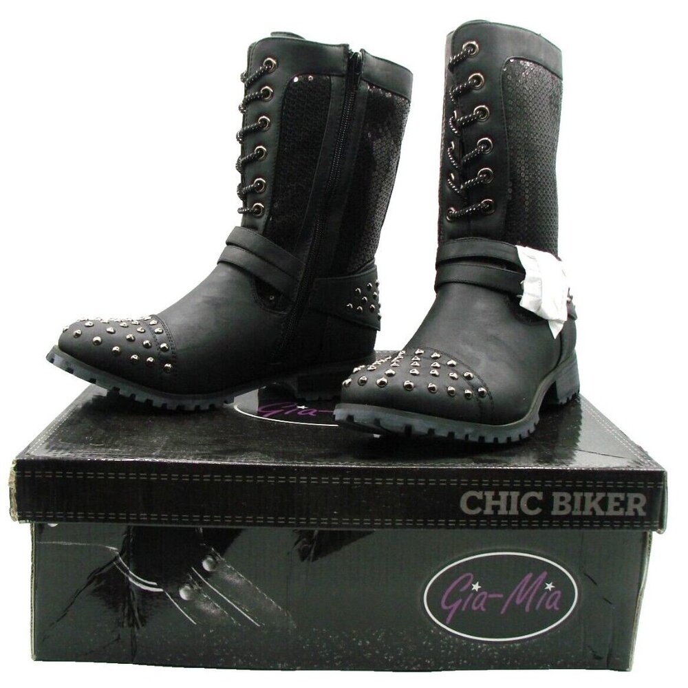 NEW Gia-Mia Black Chic Biker Boots Womens Sz 6 Studded Tops Sequins TGS8W w/Box